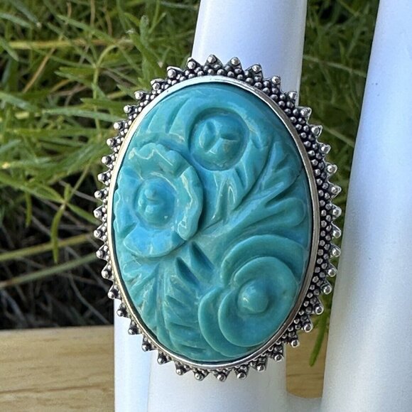 VTG Amy Kahn Russell Sterling Silver Ring Sz 5.75 Floral Carved Turquoise‎ 16.3g - Picture 3 of 8